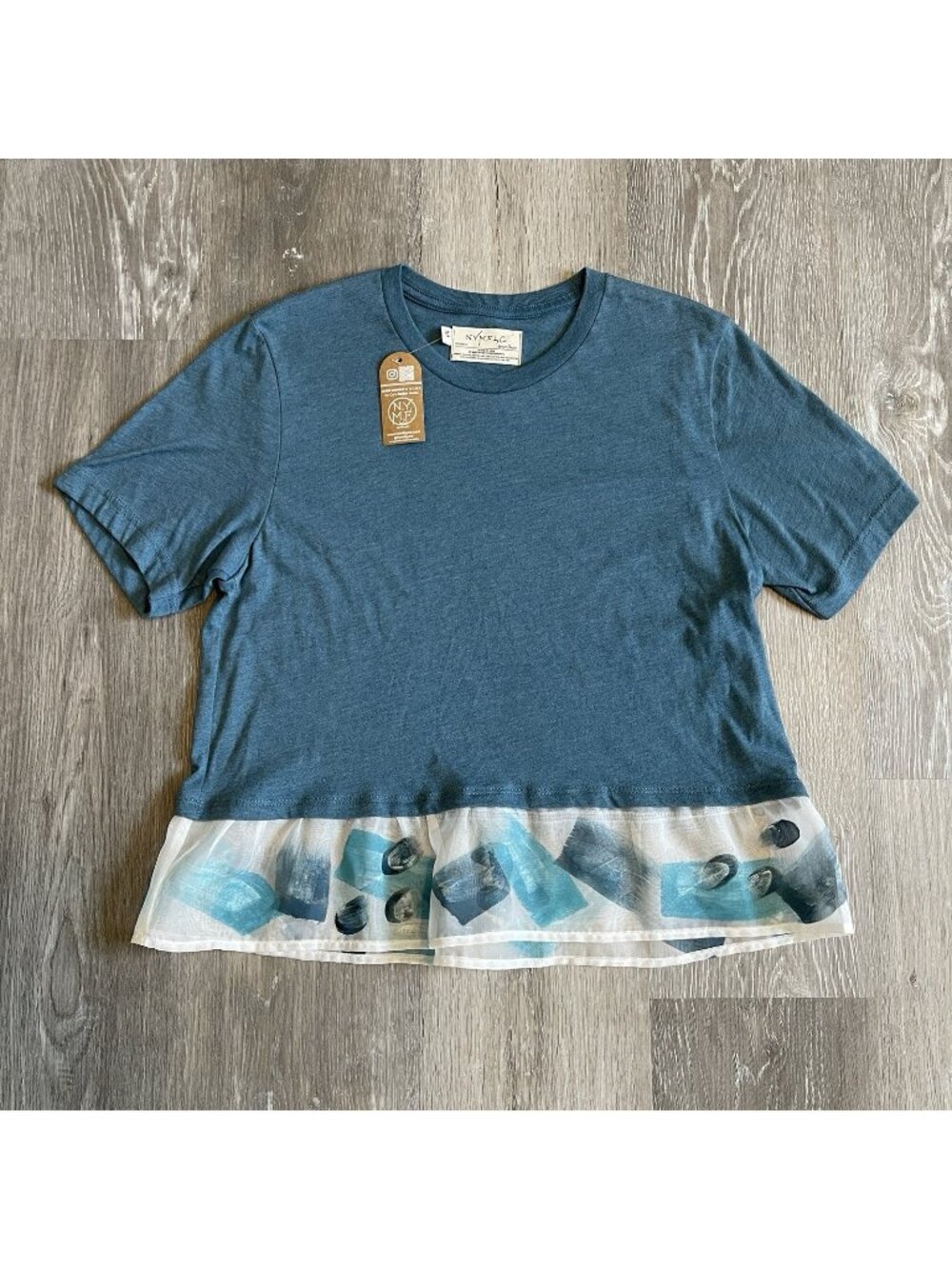 NYMF by Co NEW Upcycled Blue Tee With Handpainted Ruffle Women's Size M